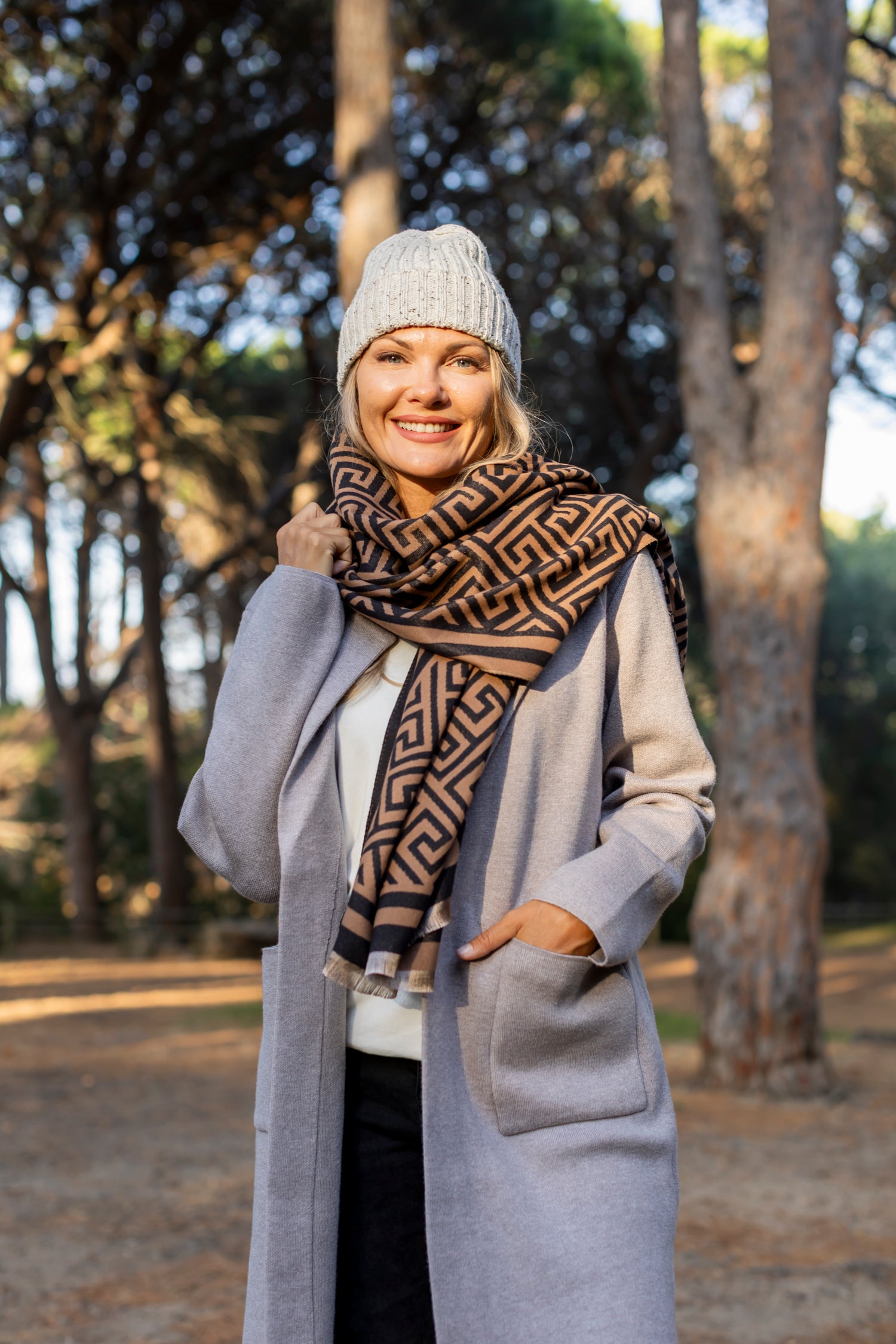 Scarf - Tan Maze Design