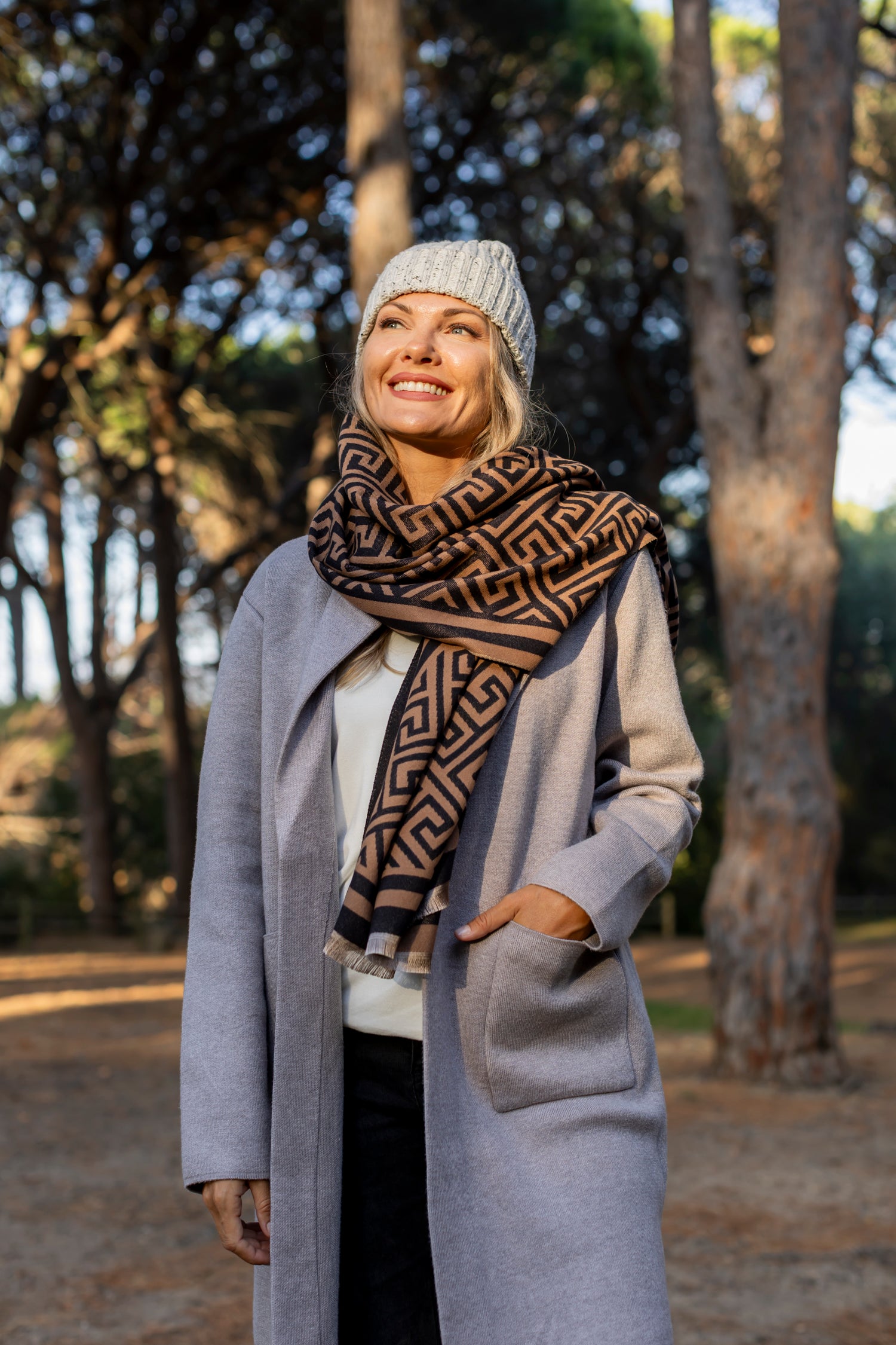 Scarf - Tan Maze Design
