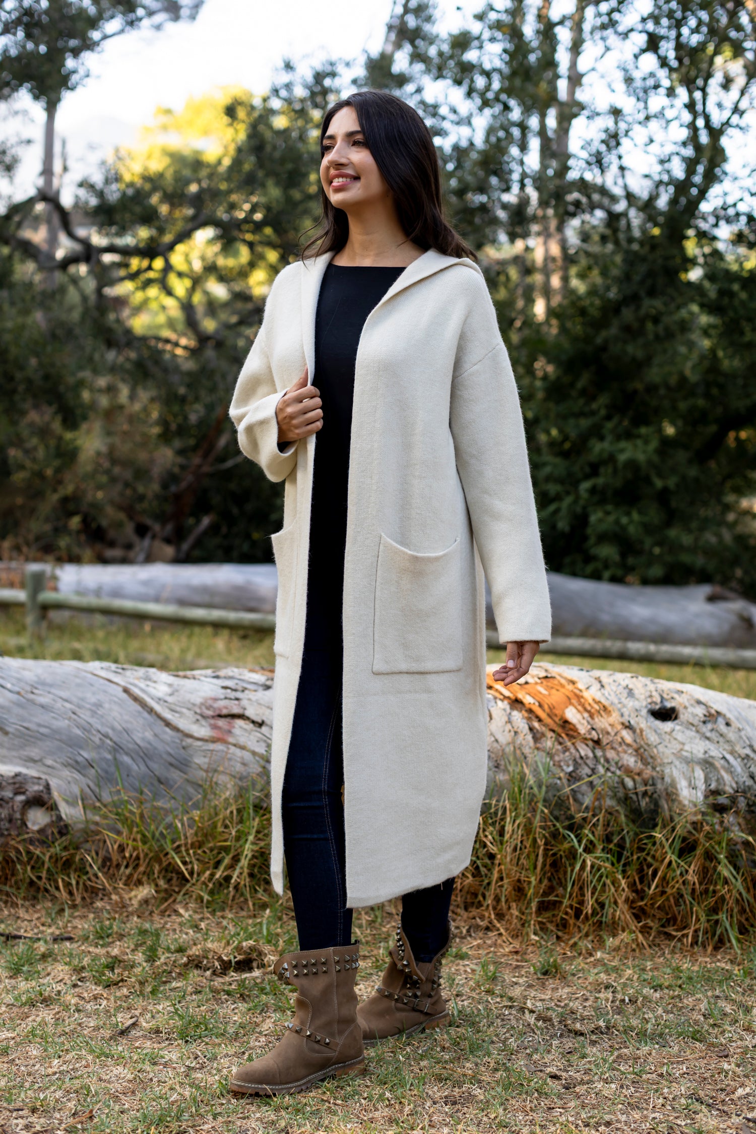 Cadiz - Long Hoody Cardi with Pockets, Cream