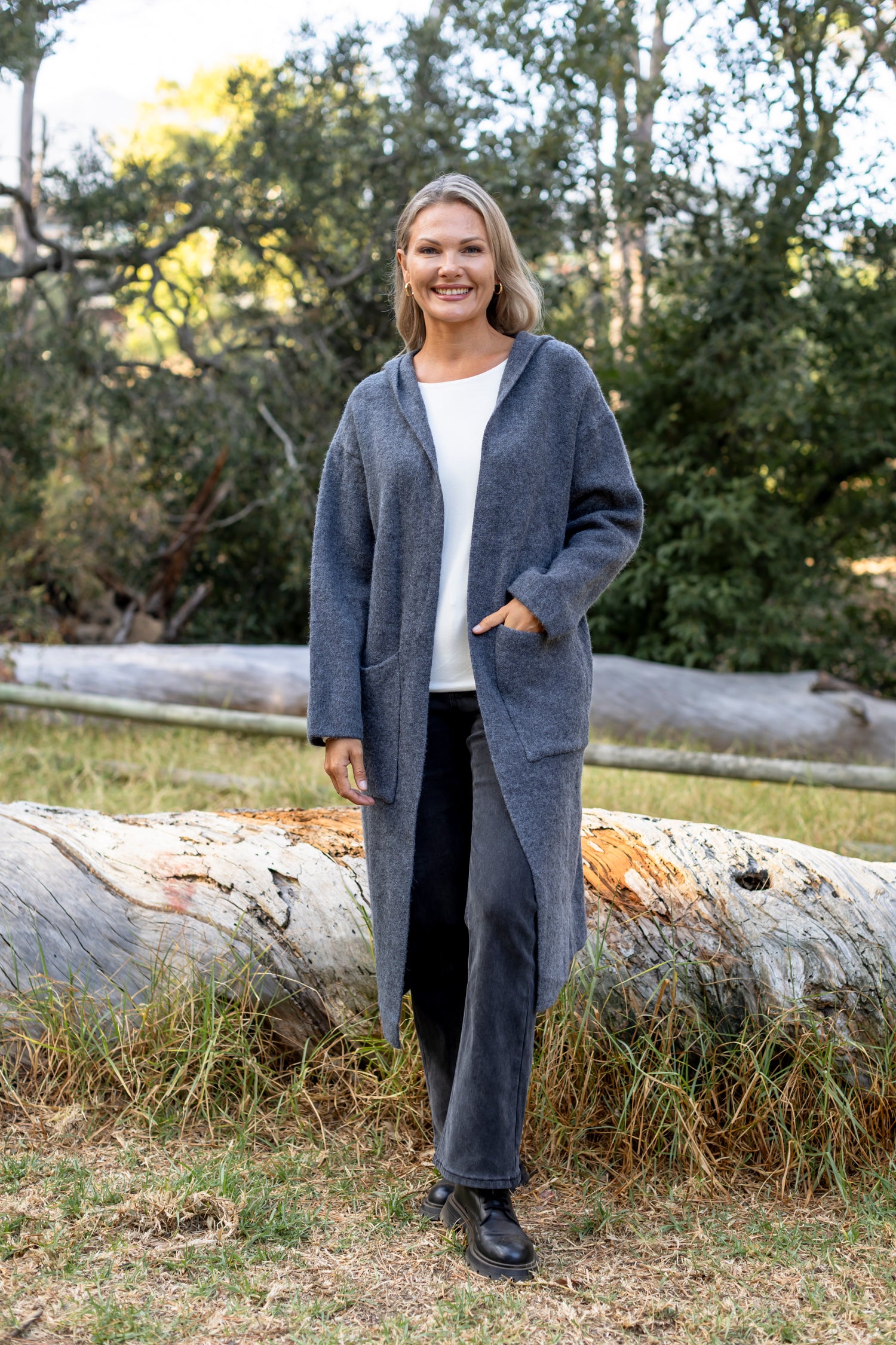 Cadiz - Long Hoody Cardi with Pockets, Grey