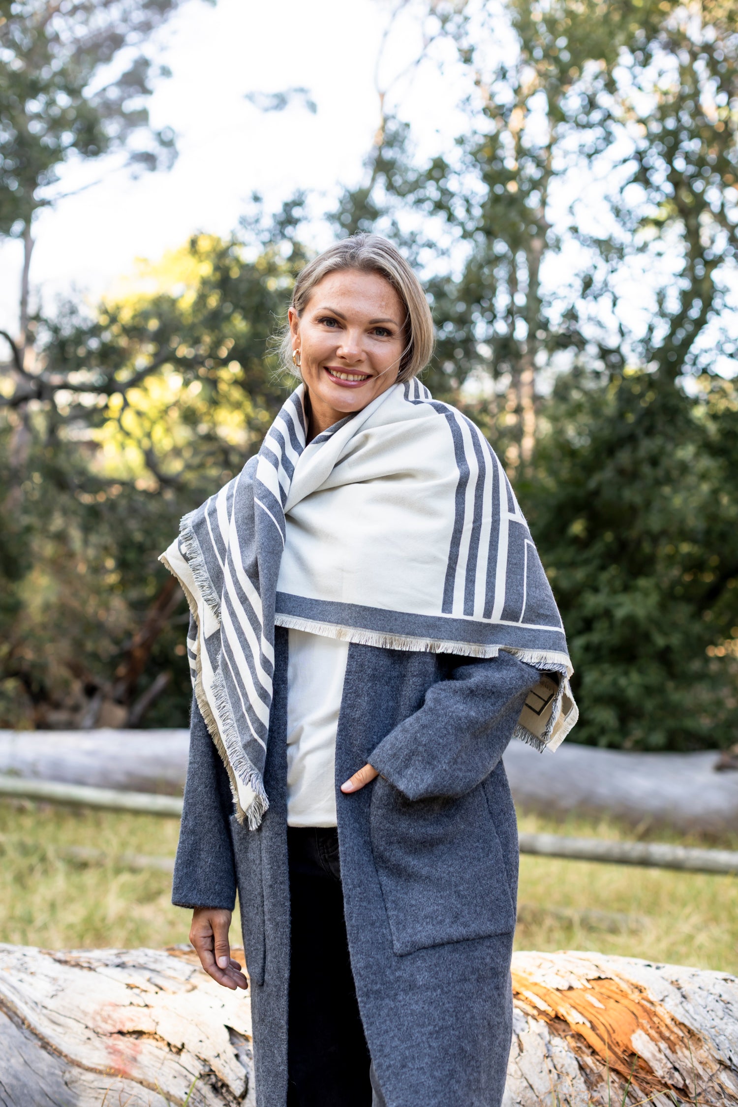 Large Square Scarf - Grey Geometric Design