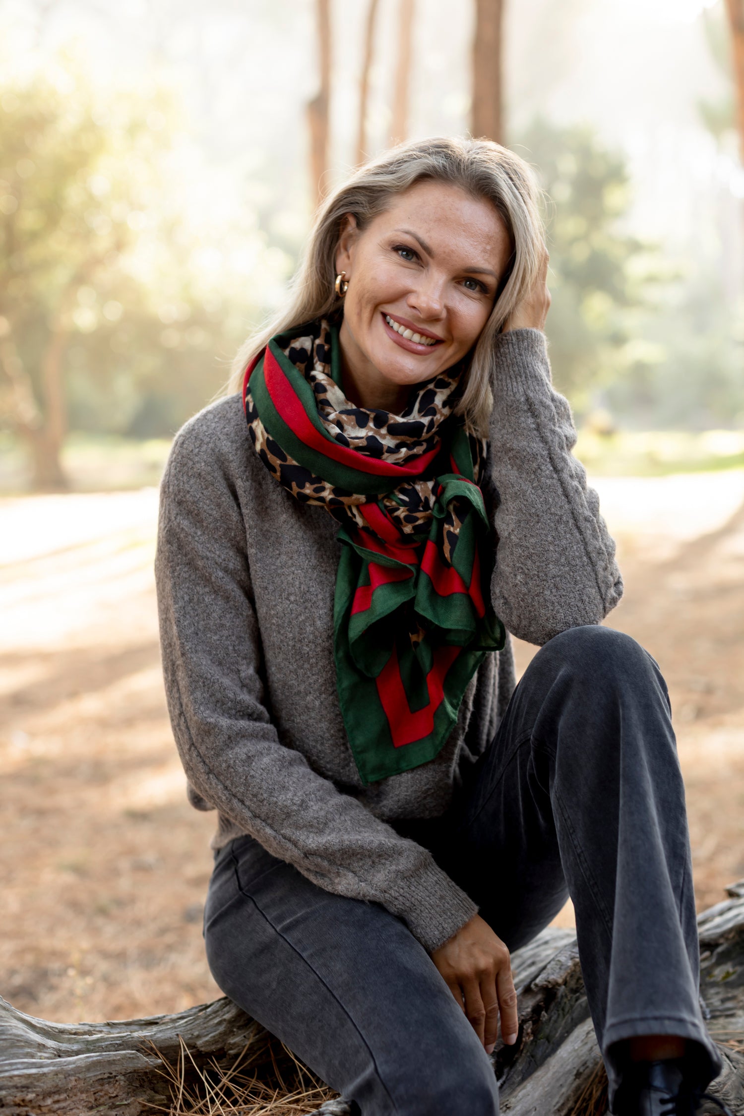 Animal Print Scarf with Red & Green Boarder