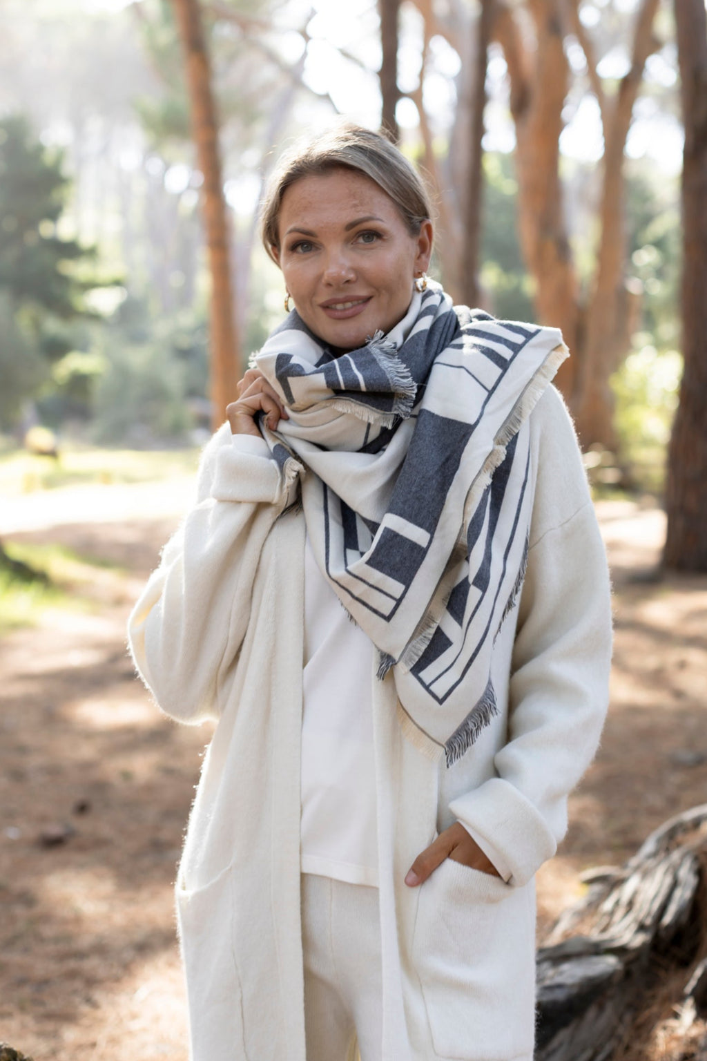Large Square Scarf - Grey Geometric Design