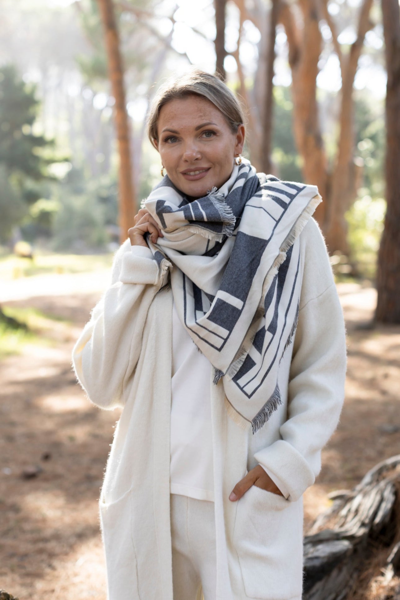 Large Square Scarf - Grey Geometric Design