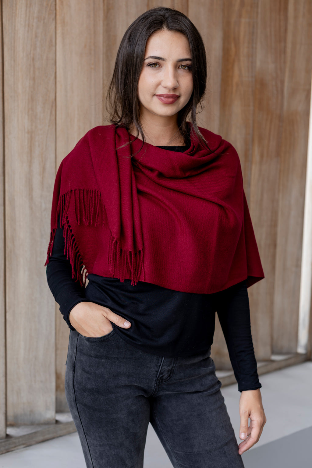 Scarf - Warm Handle with Fringe, Burgundy