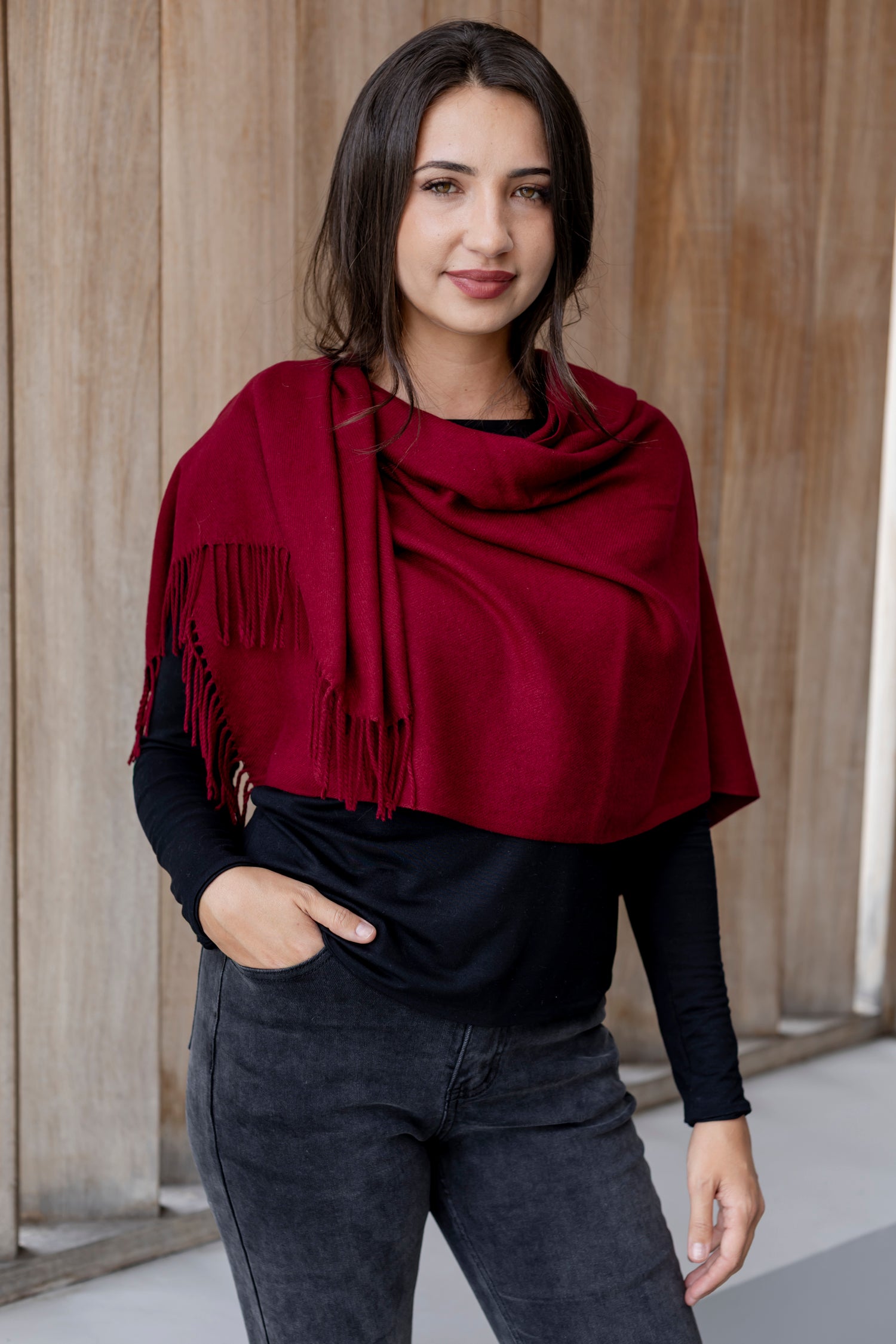 Scarf - Warm Handle with Fringe, Burgundy