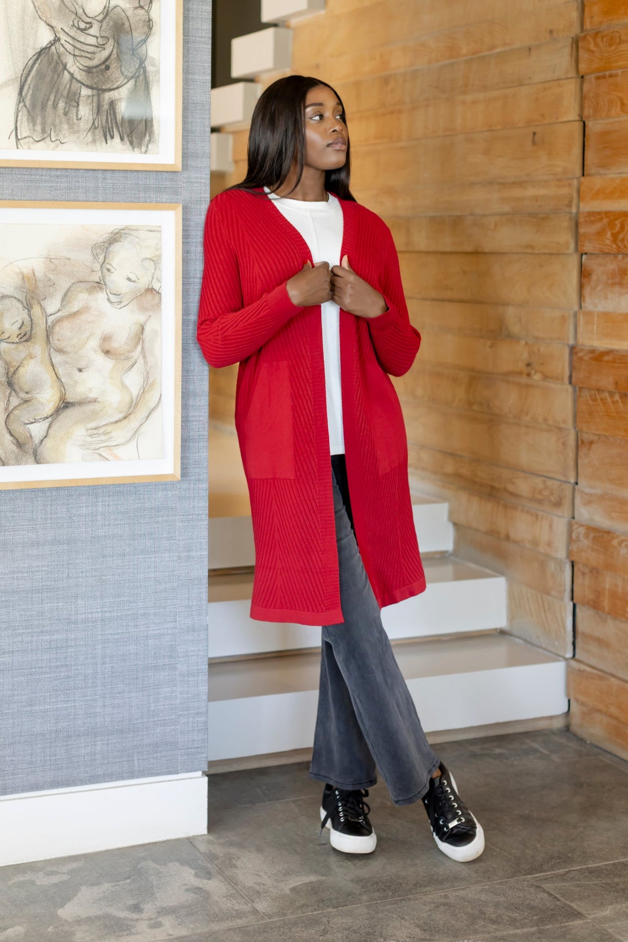Santiago - Rib Styled Cardi with Pockets, Red