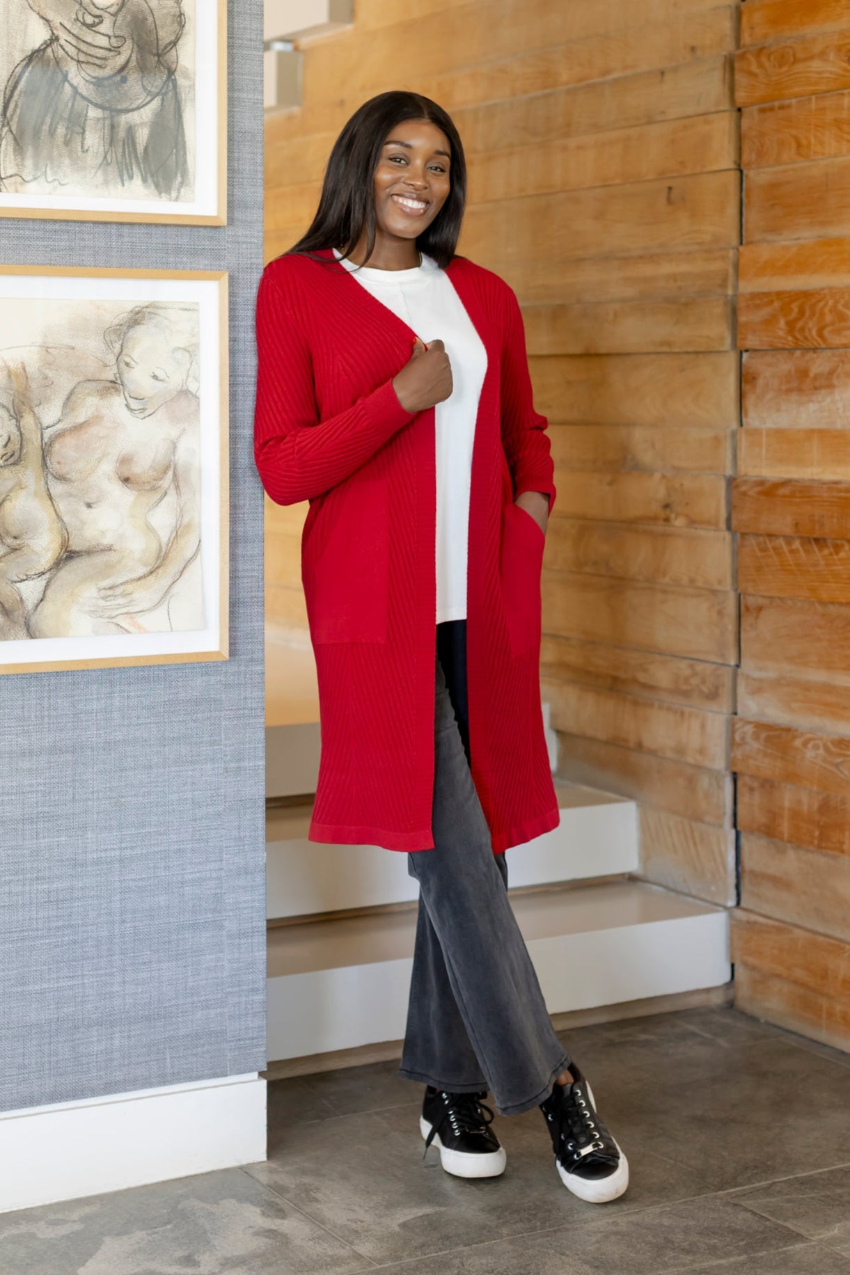 Santiago - Rib Styled Cardi with Pockets, Red