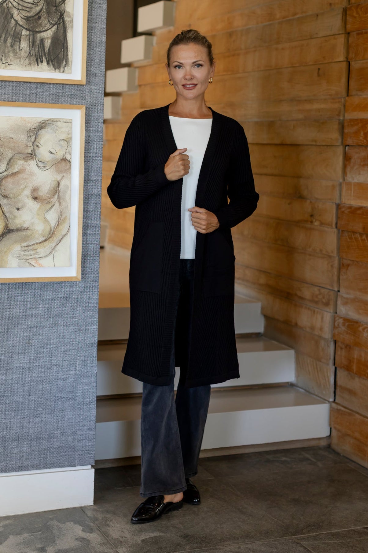 Santiago - Rib Styled Cardi with Pockets, Black