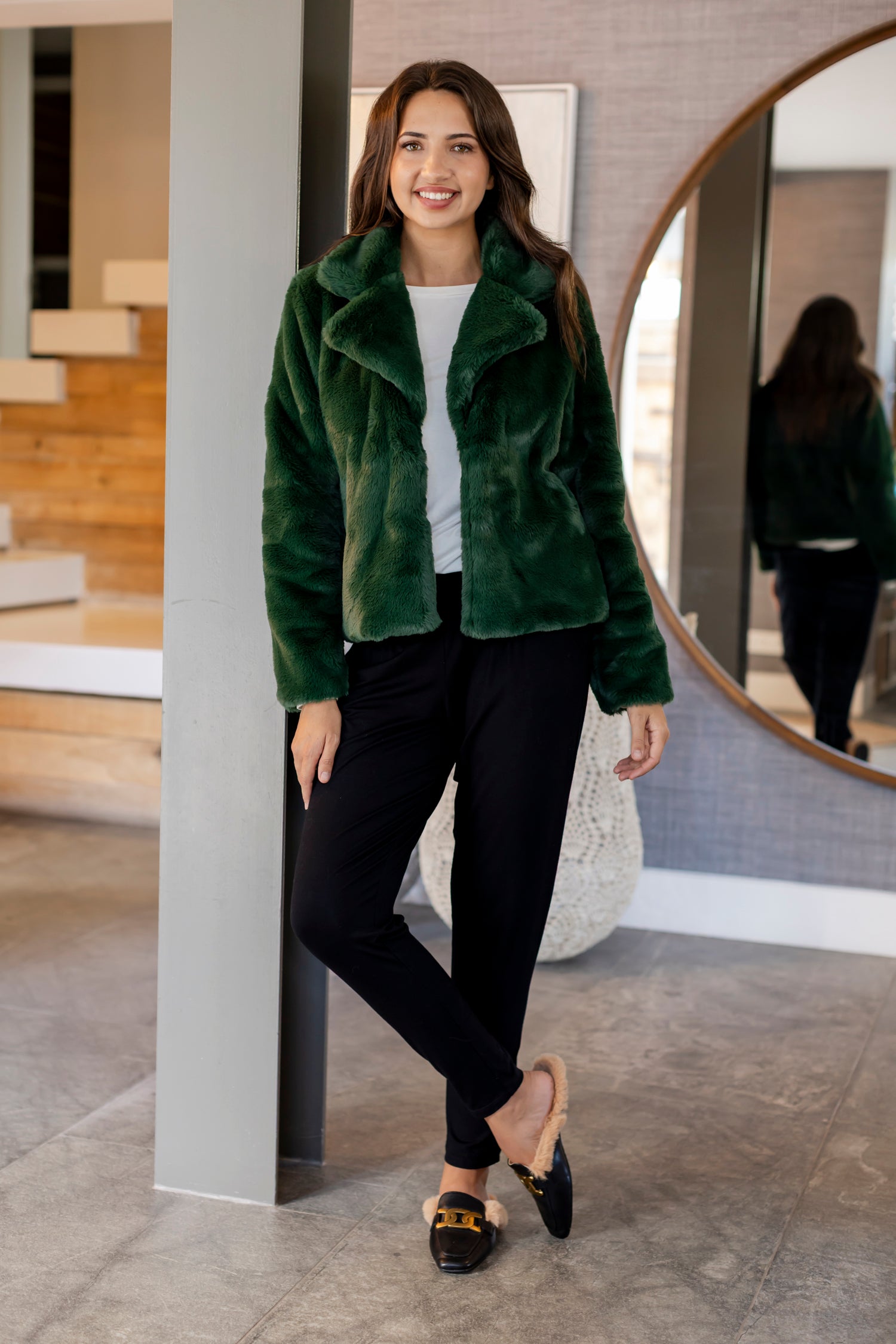Prato - Short Faux Fur Lined Jacket, Bottle Green