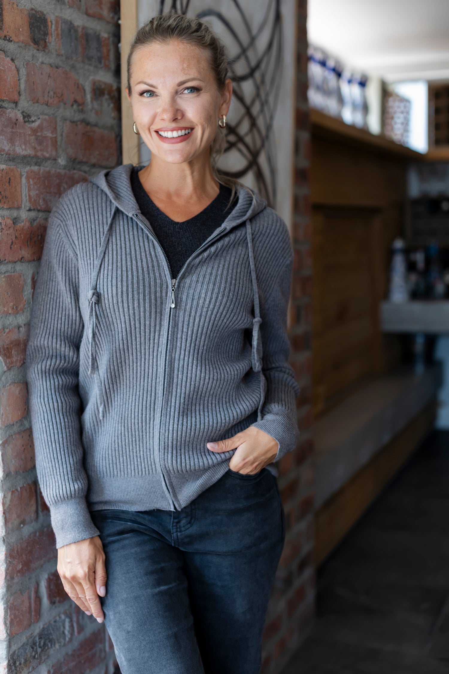 Bergamo - Rib Zipper Hoody, Charcoal