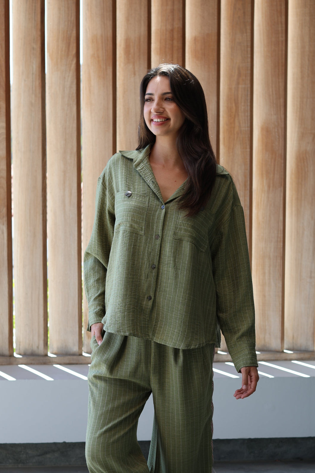 Robyn - Shacket styled Shirt, Khaki Stripe