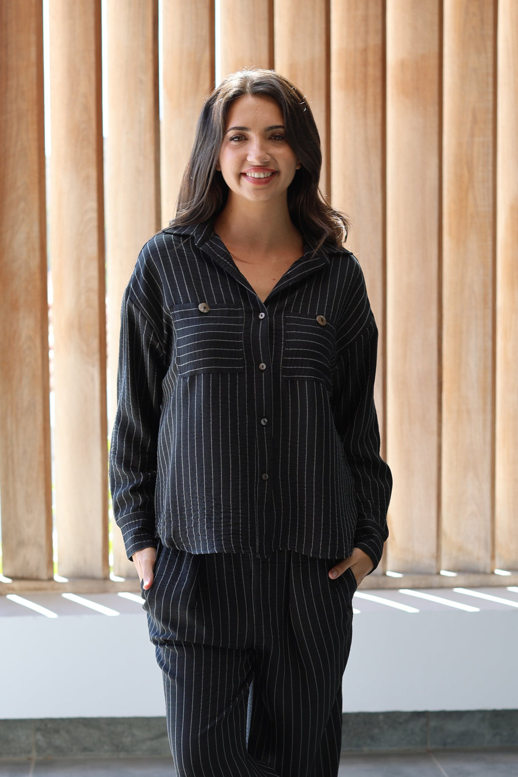 Robyn - Shacket styled Shirt, Black and White Stripe