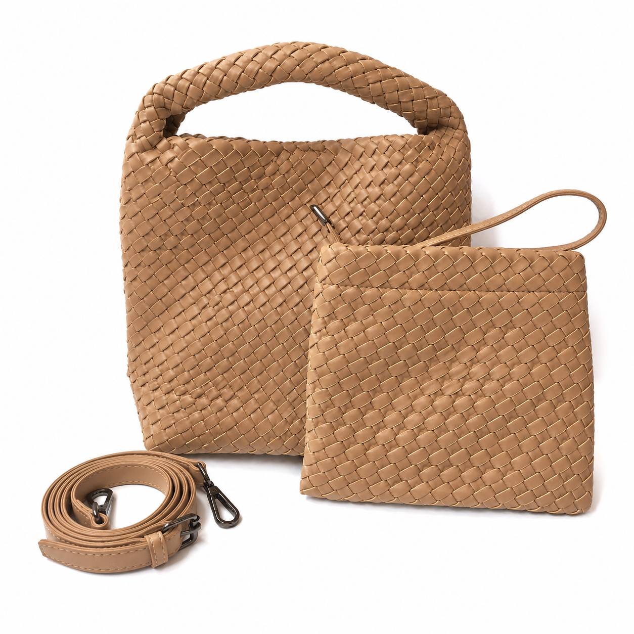 Mia - Plaited Vegan Bag with Matching Purse, Chocolate