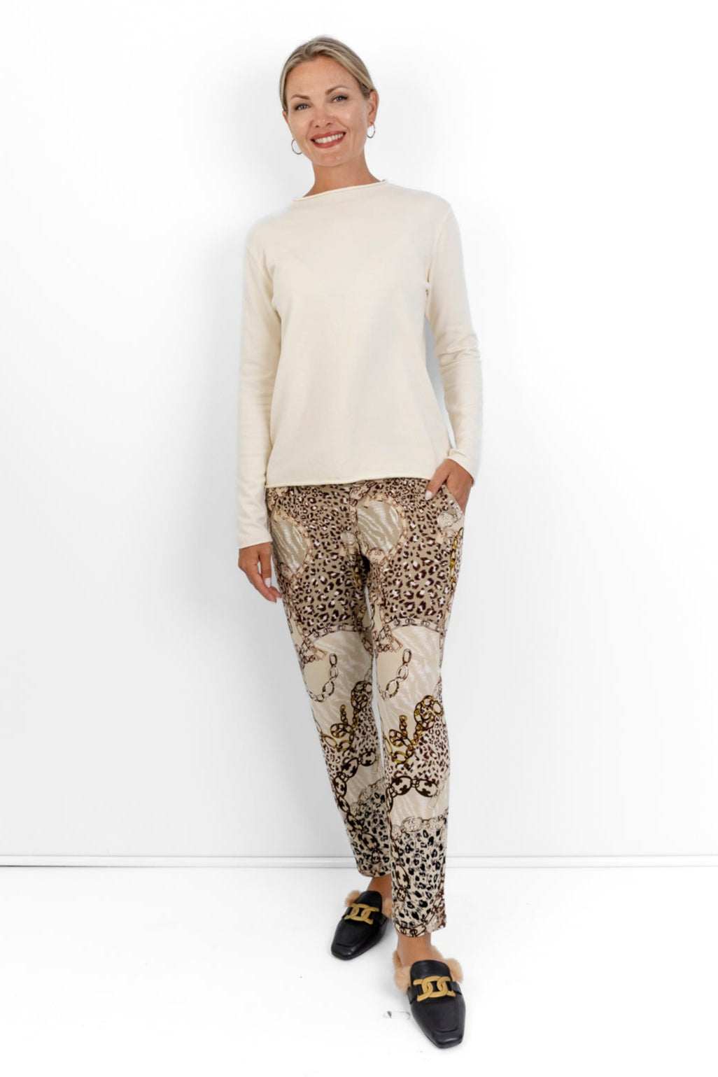 Roxanne - Classic Pant, Natural Animal & Chain Design