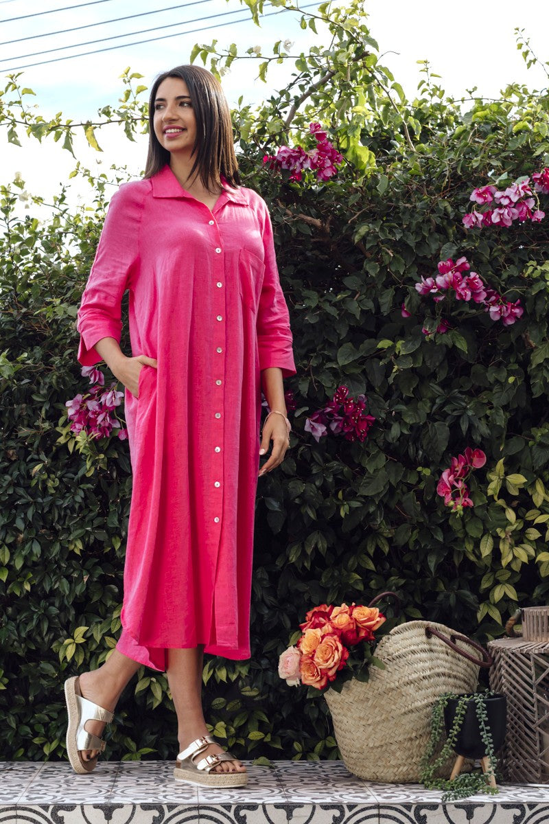 Giselle - 100% Linen Shirt Dress, Cerise