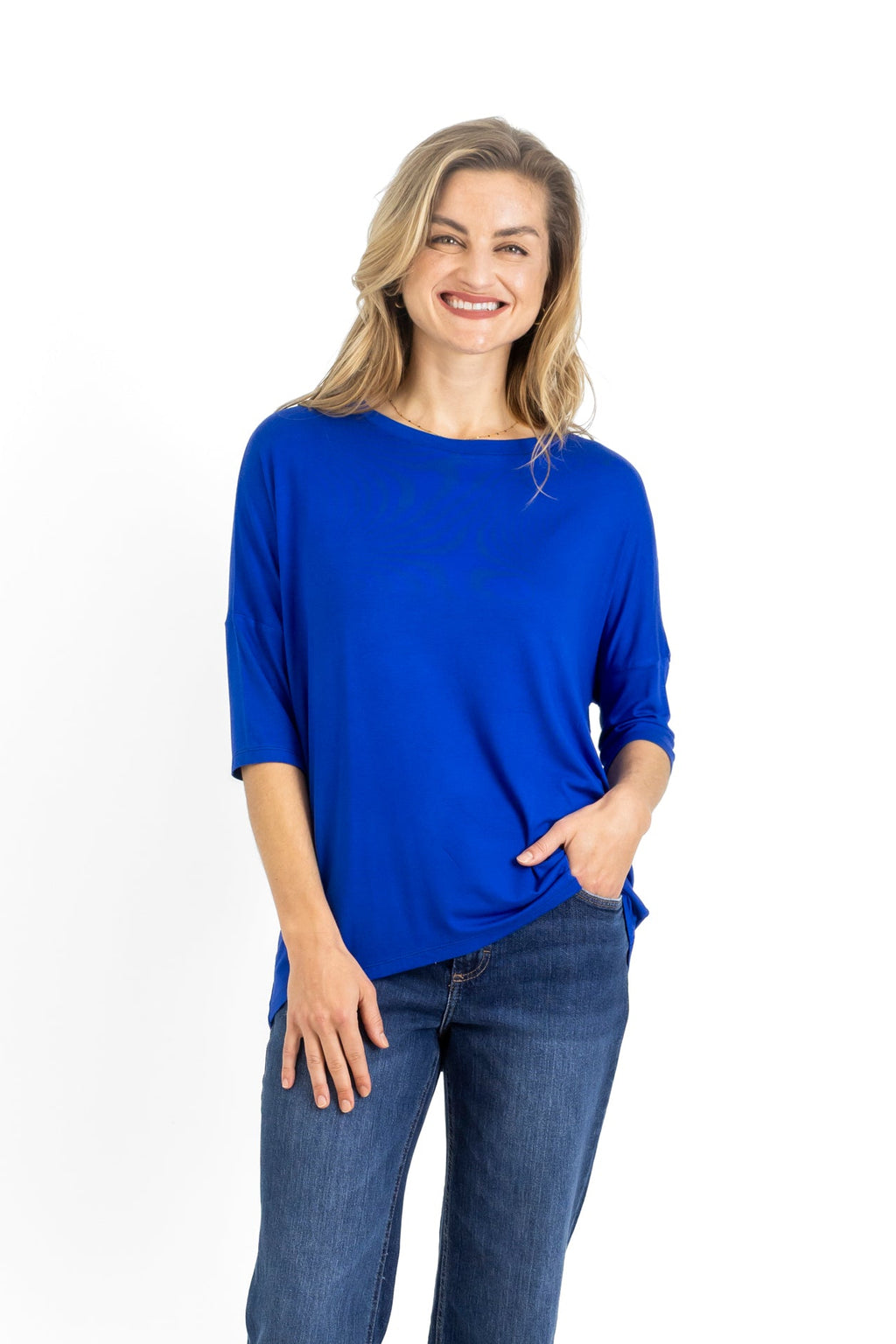 Chloe - Classic Long Line Tee with Back Seam, Azure Blue