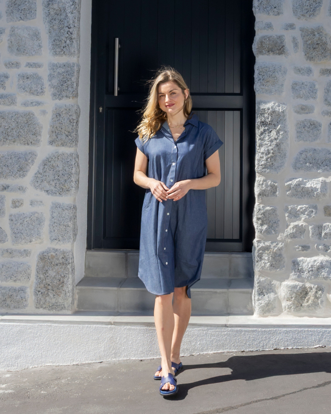 Libby- Button Shift Dress, Denim