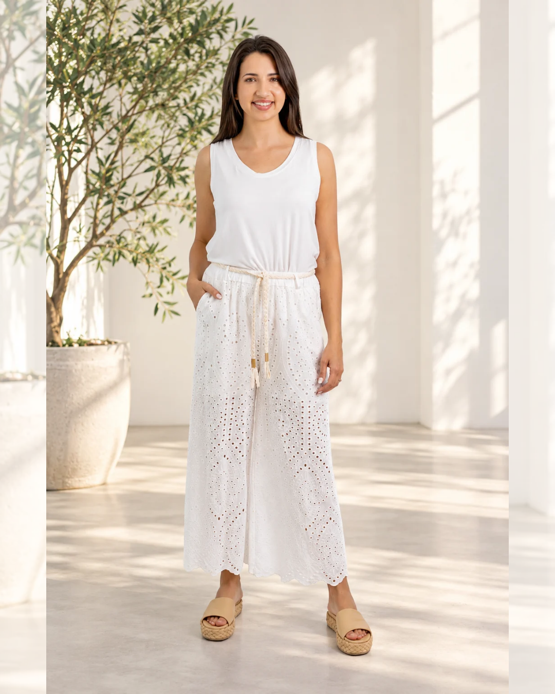 Imported White Anglaise Capri Pants with drawcord