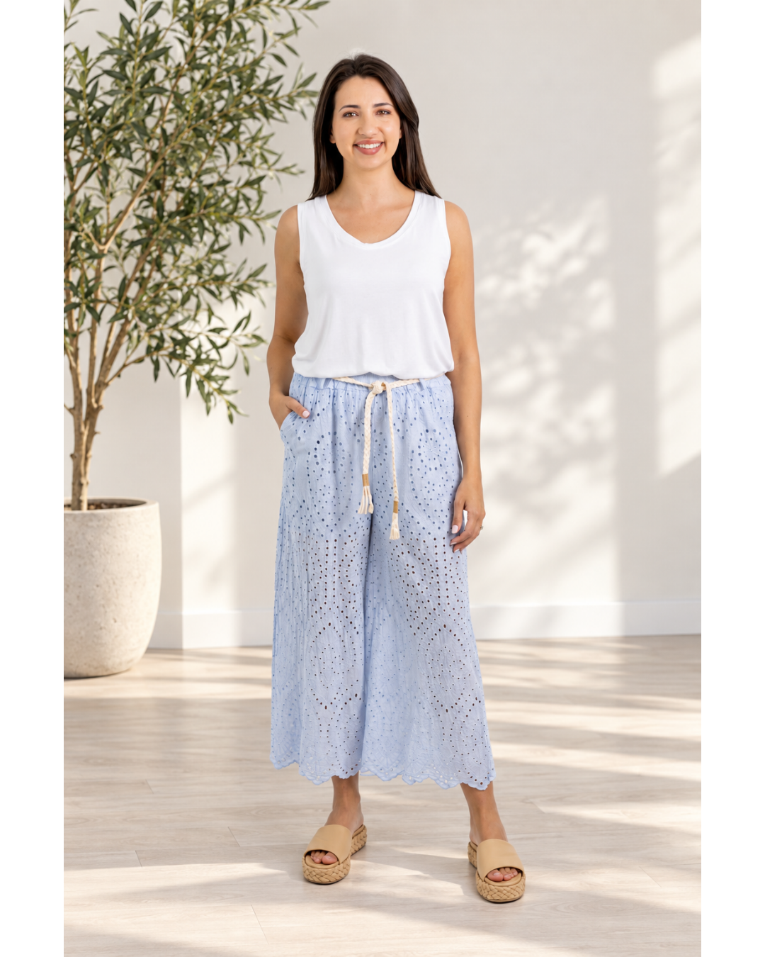 Imported Sky Blue Anglaise Capri Pants with drawcord