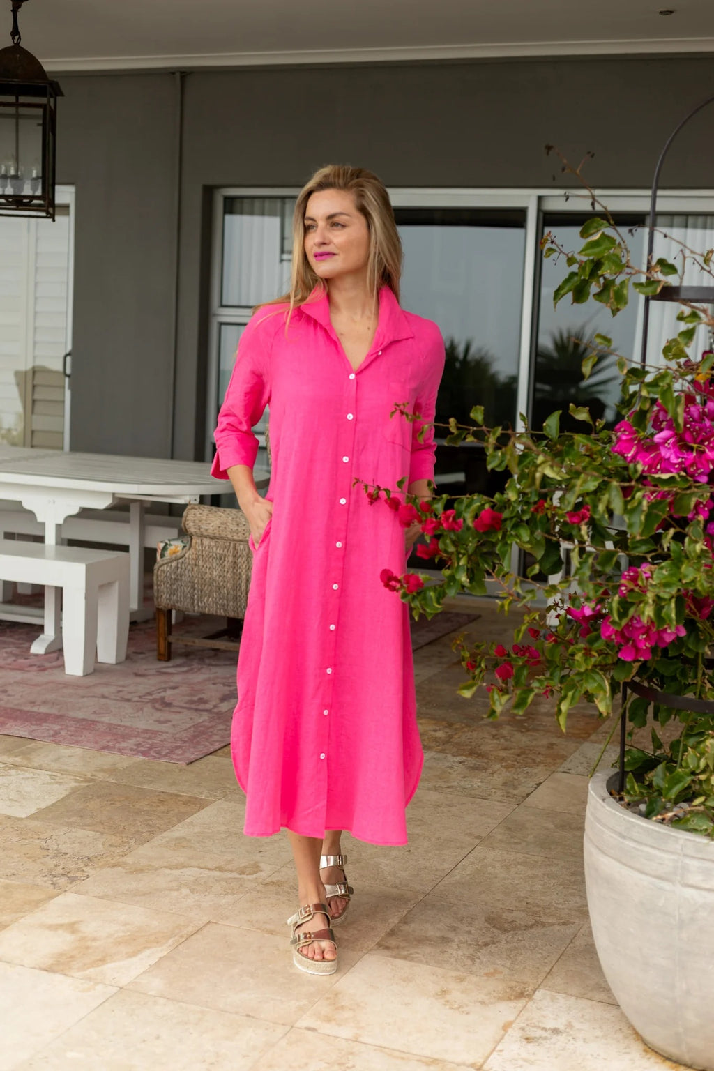Giselle - 100% Linen Shirt Dress, Cerise