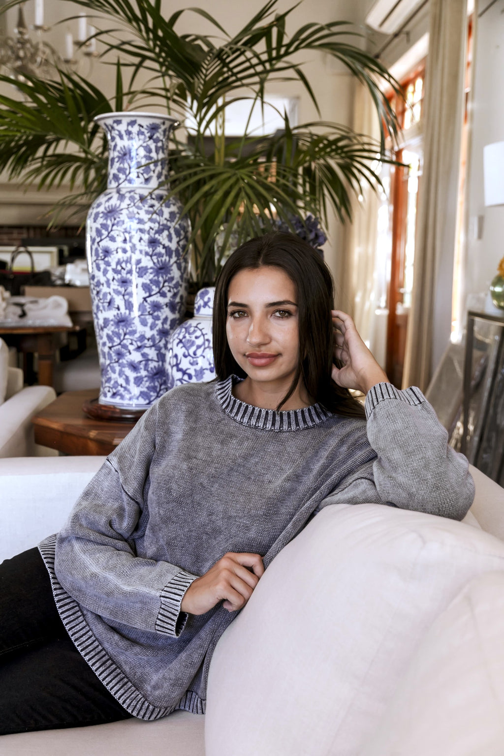 Tivoli - Distressed Cotton Crew Neck, Denim Blue