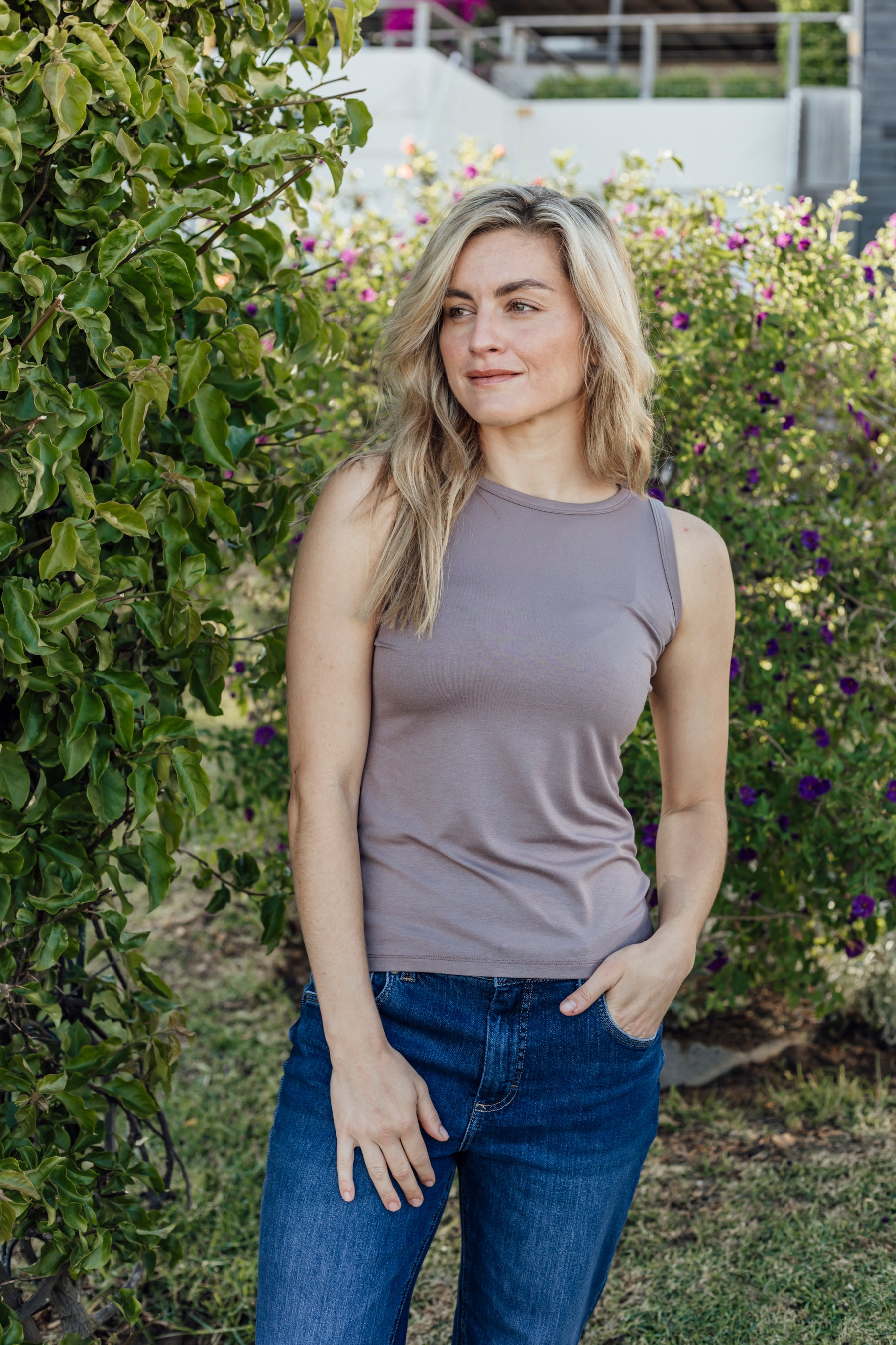 Alexa - High Neck Fitted Cami, Mocca