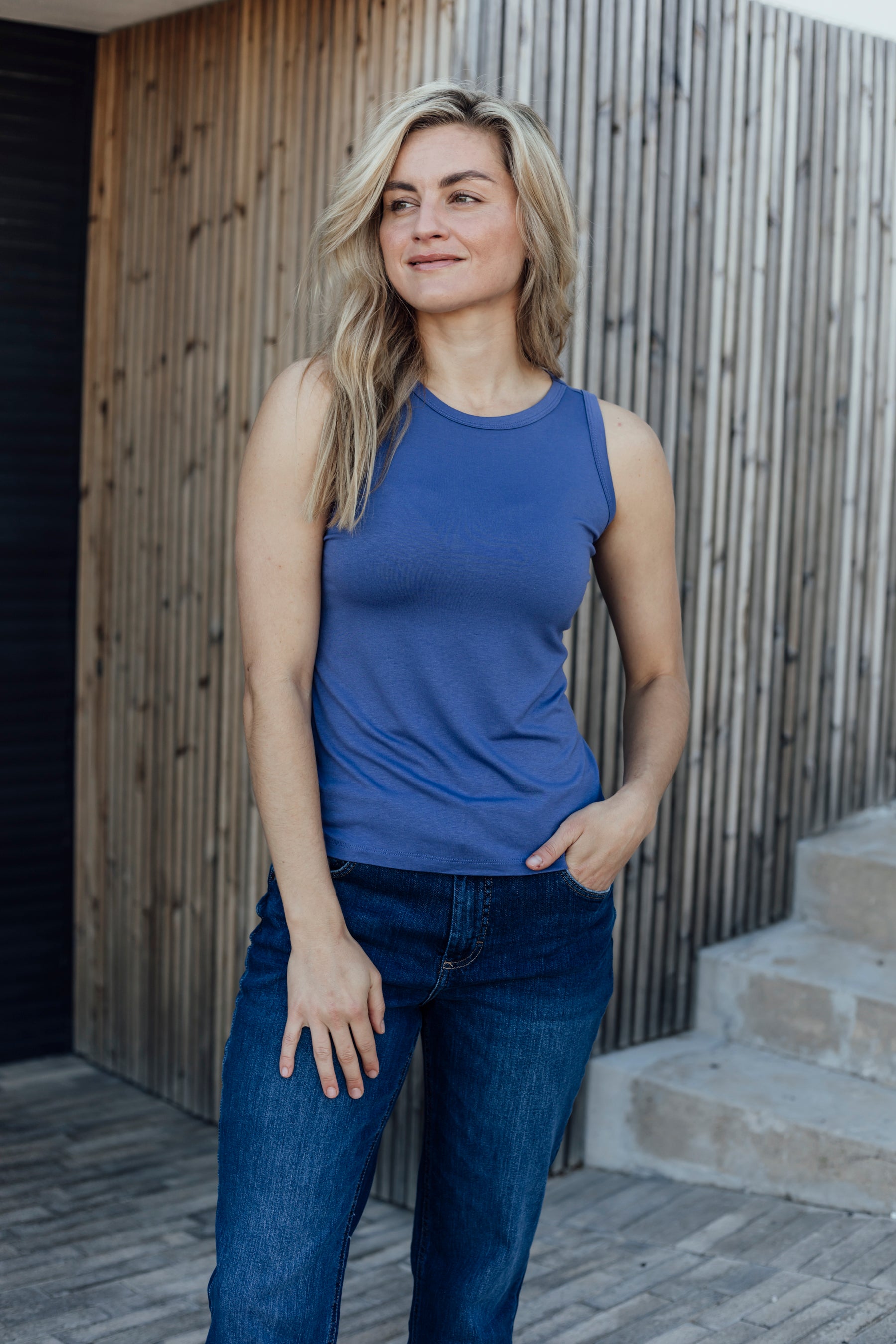 Alexa - High Neck Fitted Cami, Petrol Blue
