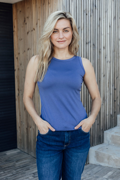 Alexa - High Neck Fitted Cami, Petrol Blue