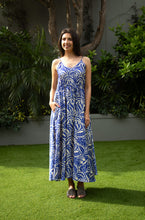 Load image into Gallery viewer, Alessia - Flowy Dress with Pockets, Blue Grecian Leaves
