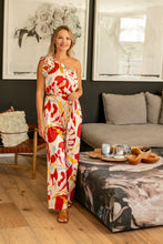 Load image into Gallery viewer, Demi - One Shoulder Satin Jumpsuit, Ruby Petal Print
