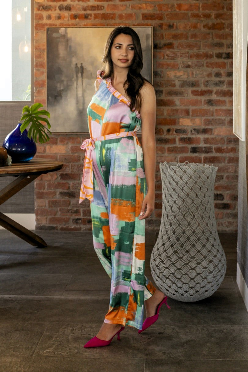 Demi - One Shoulder Satin Jumpsuit, Paint Palette