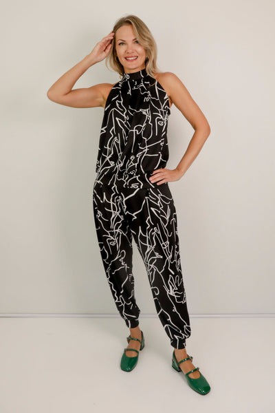 Felicite Halter Neck Jumpsuit -  Scribble Maze, Warm Handle