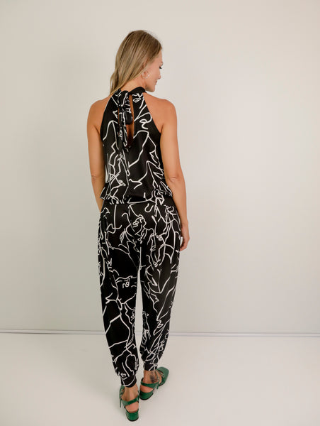 Felicite Halter Neck Jumpsuit -  Scribble Maze, Warm Handle