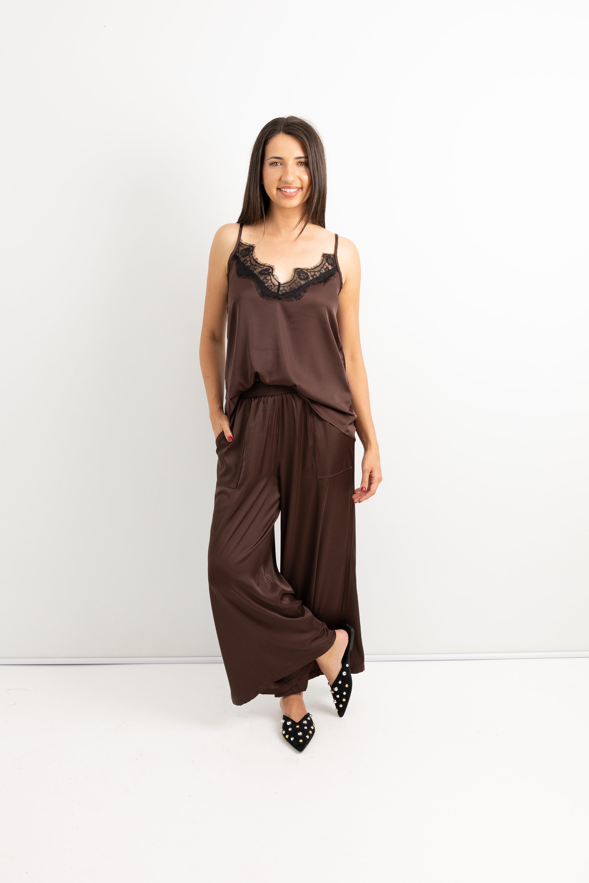Kim - Wide Leg Matt Satin Pant Chocolate