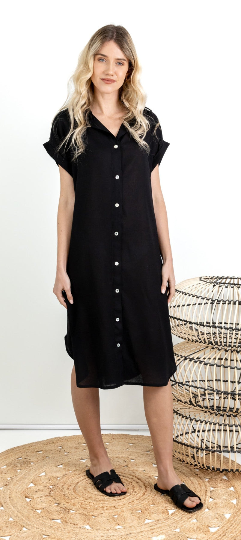 Libby- Mock Button Through Dress, Black