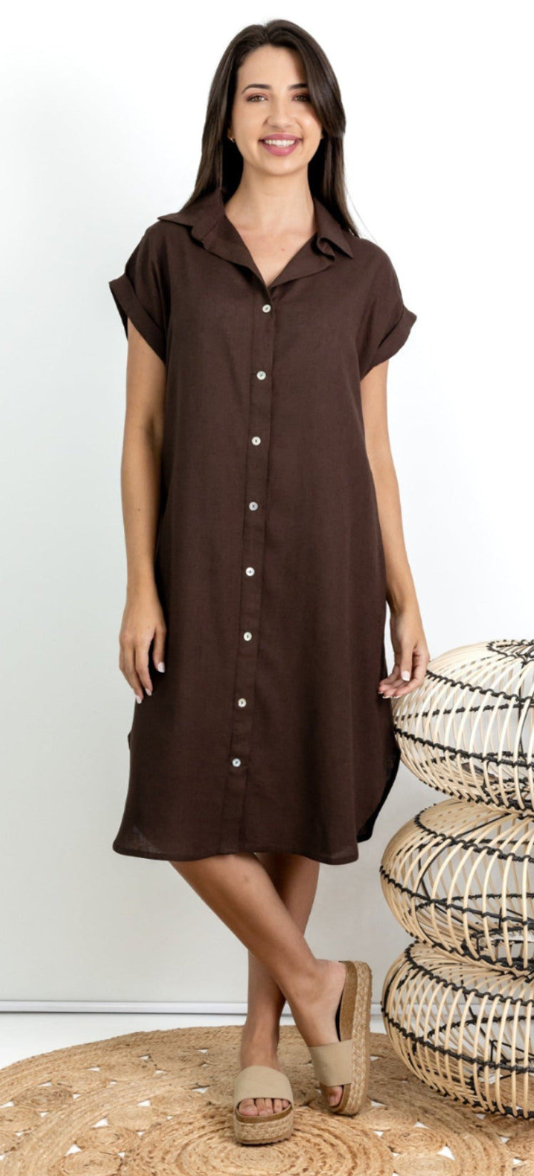 Libby- Mock Button Through Dress, Chocolate
