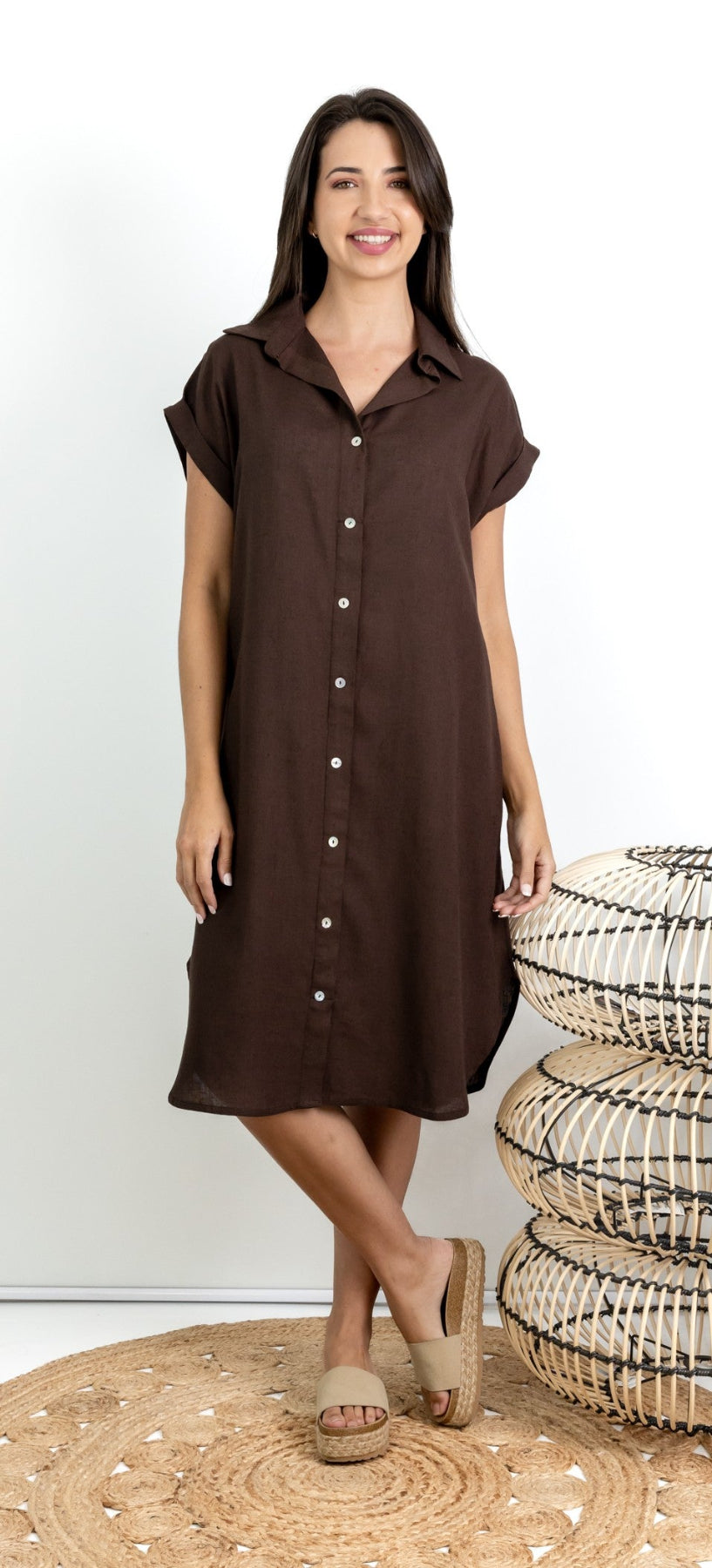 Libby- Mock Button Through Dress, Chocolate