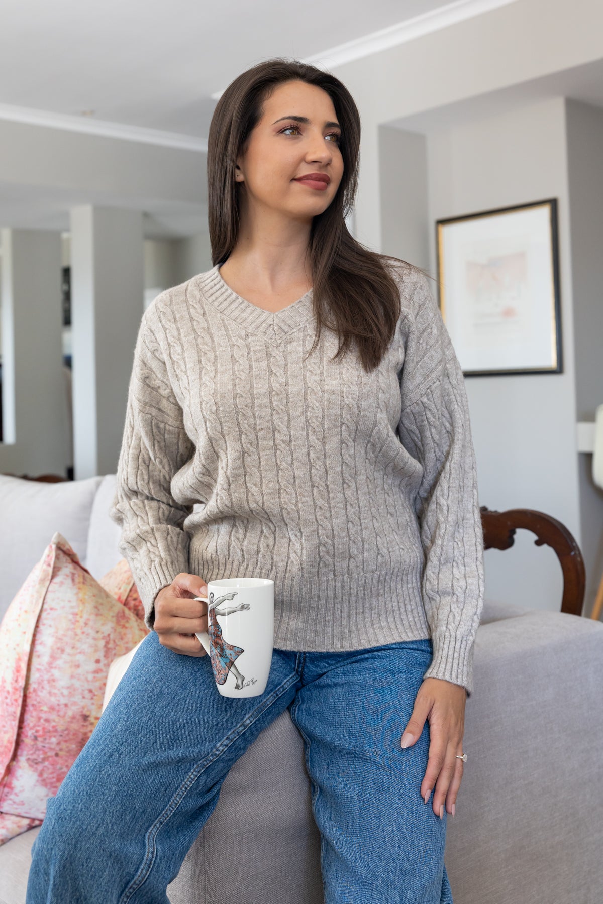 Brentwood - V Neck Cable Knit, Stone