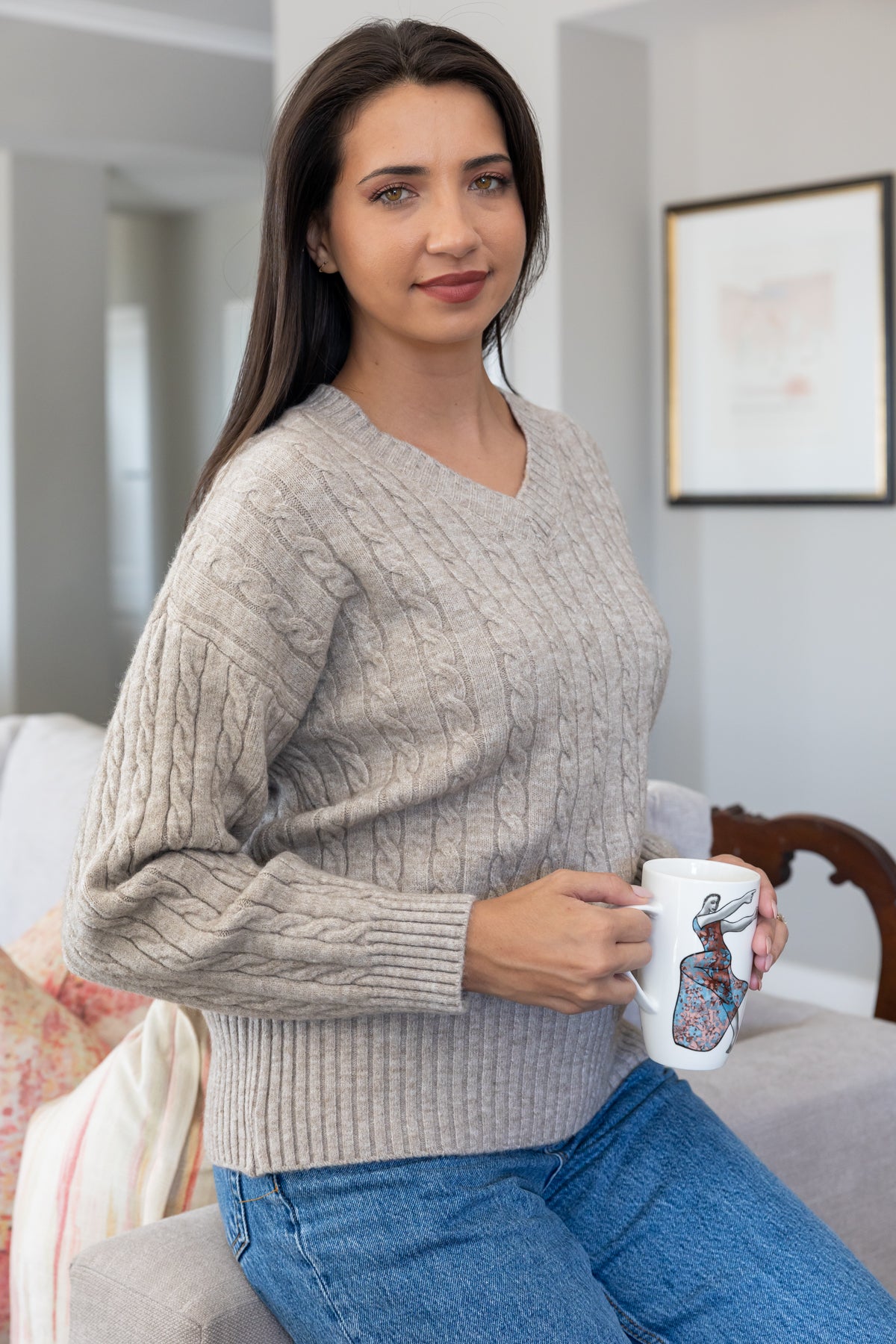 Brentwood - V Neck Cable Knit, Stone