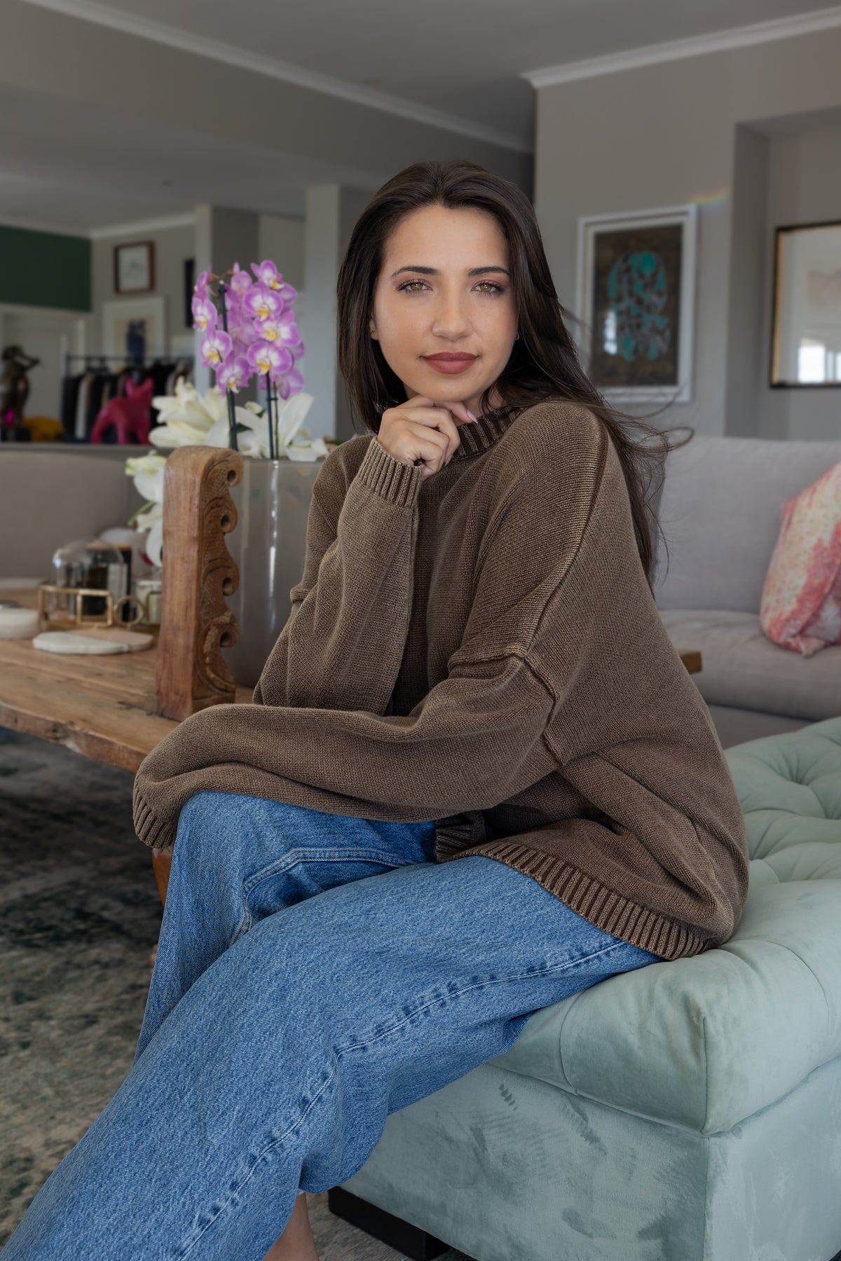 Tivoli - Distressed Cotton Crew Neck, Choc