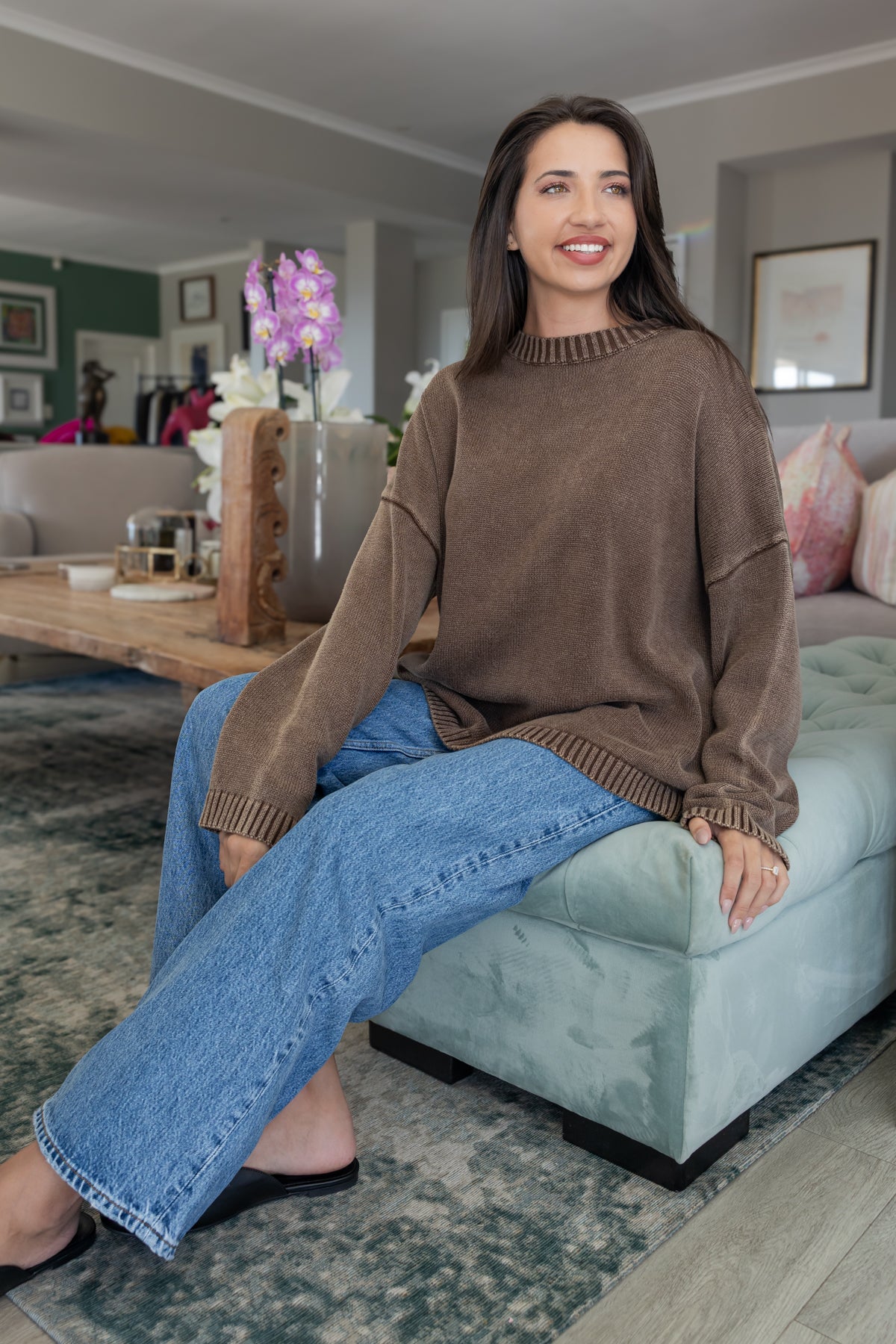 Tivoli - Distressed Cotton Crew Neck, Choc