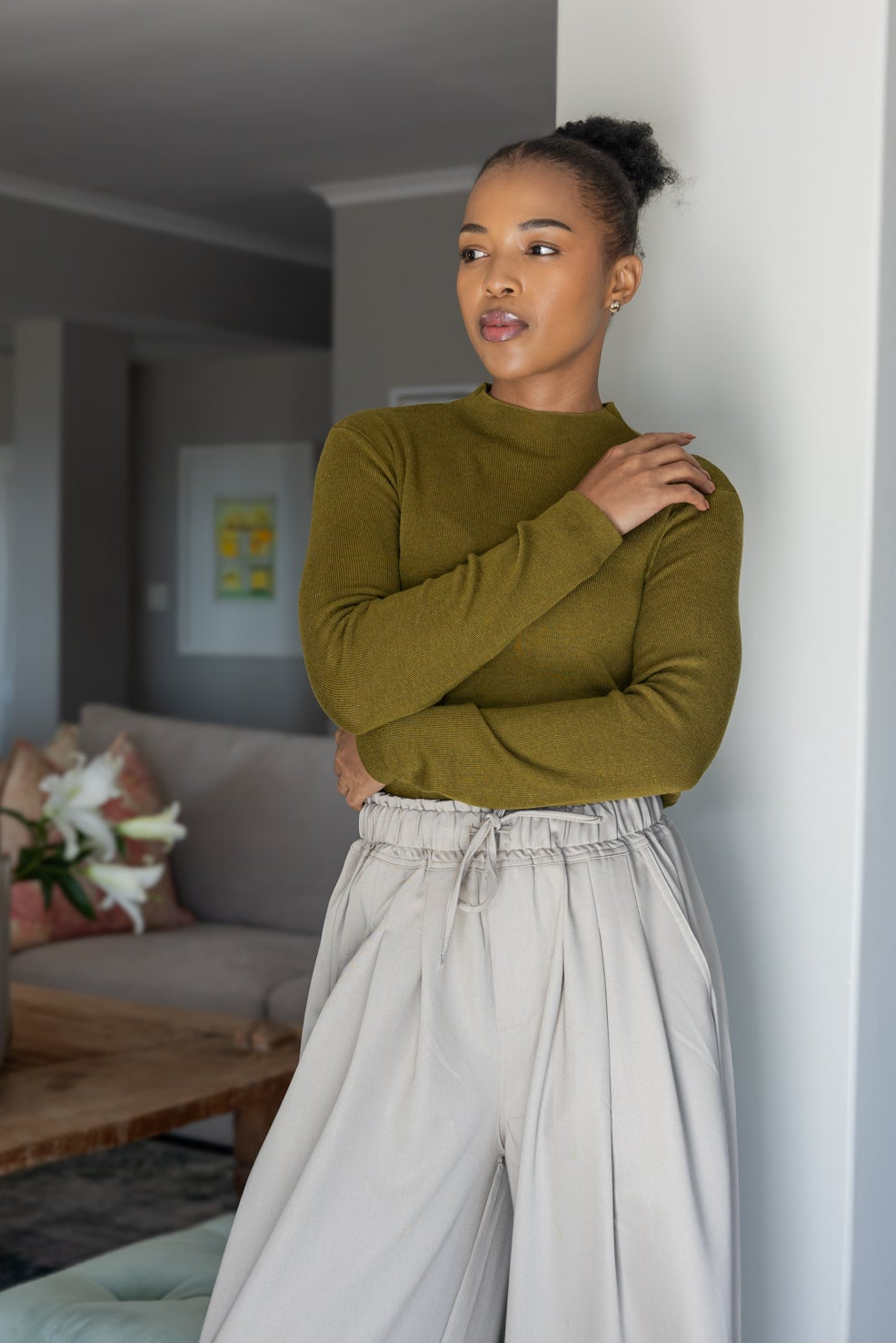 Lancaster - Fine Knit Funnel with Asymmetric Hem, Chartreuse