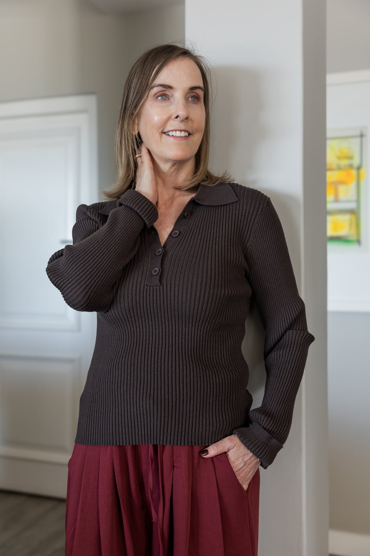 Fontana - Rib Button Collar Knit, Chocolate