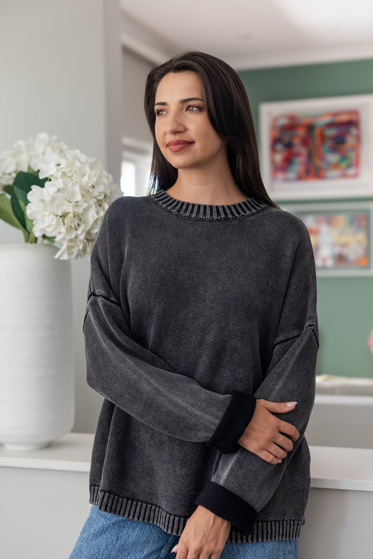 Tivoli - Distressed Cotton Crew Neck, Charcoal