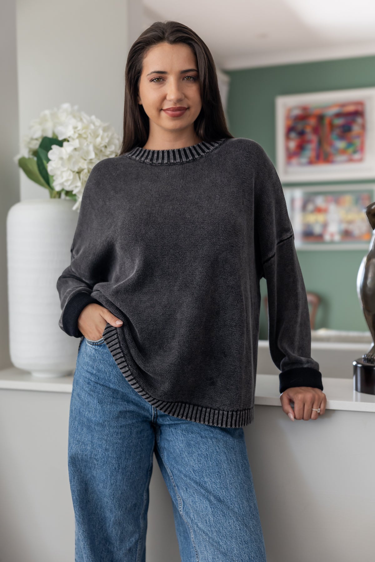 Tivoli - Distressed Cotton Crew Neck, Charcoal