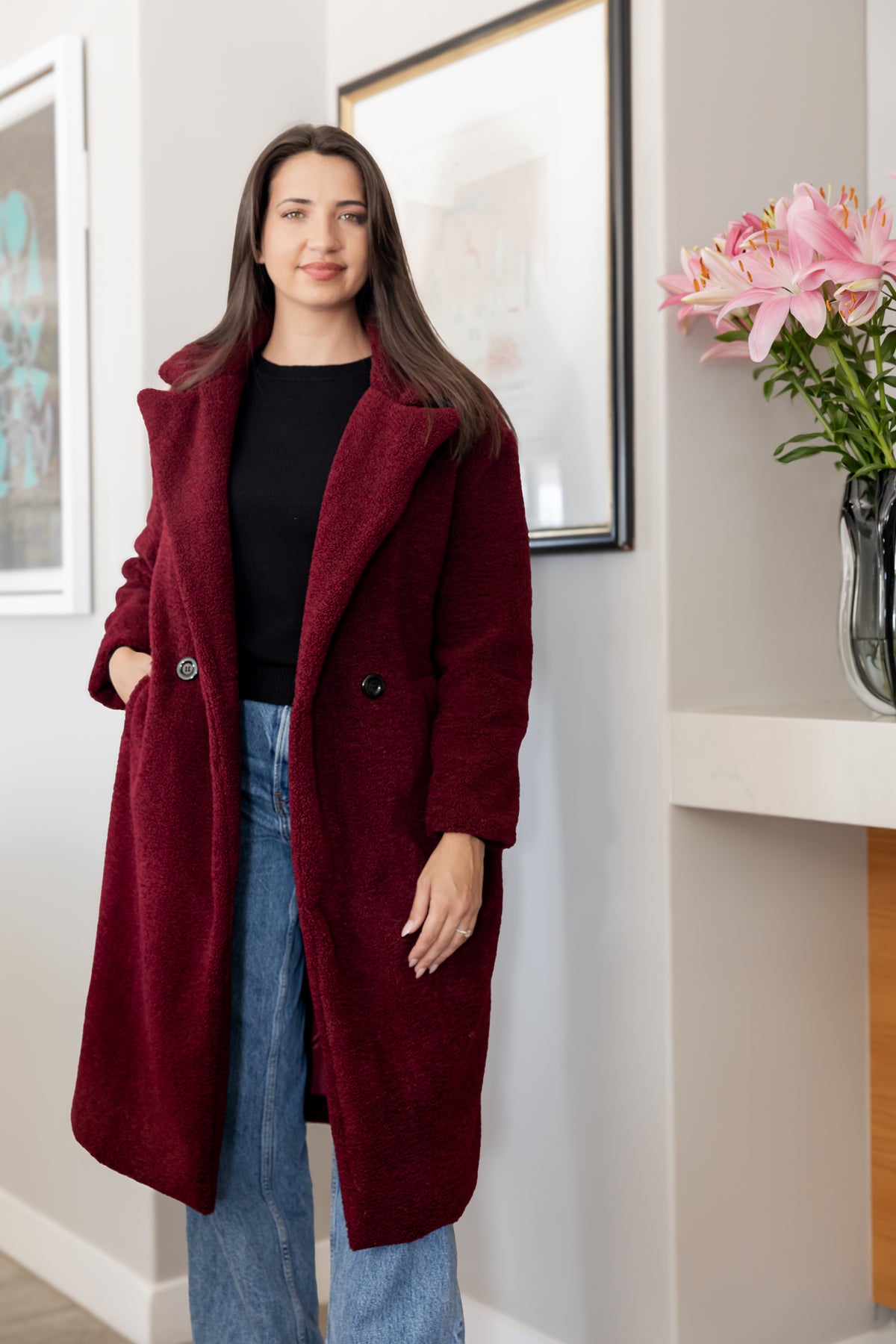 Nouvelle - Teddy Fur Lined Coat, Bordeaux