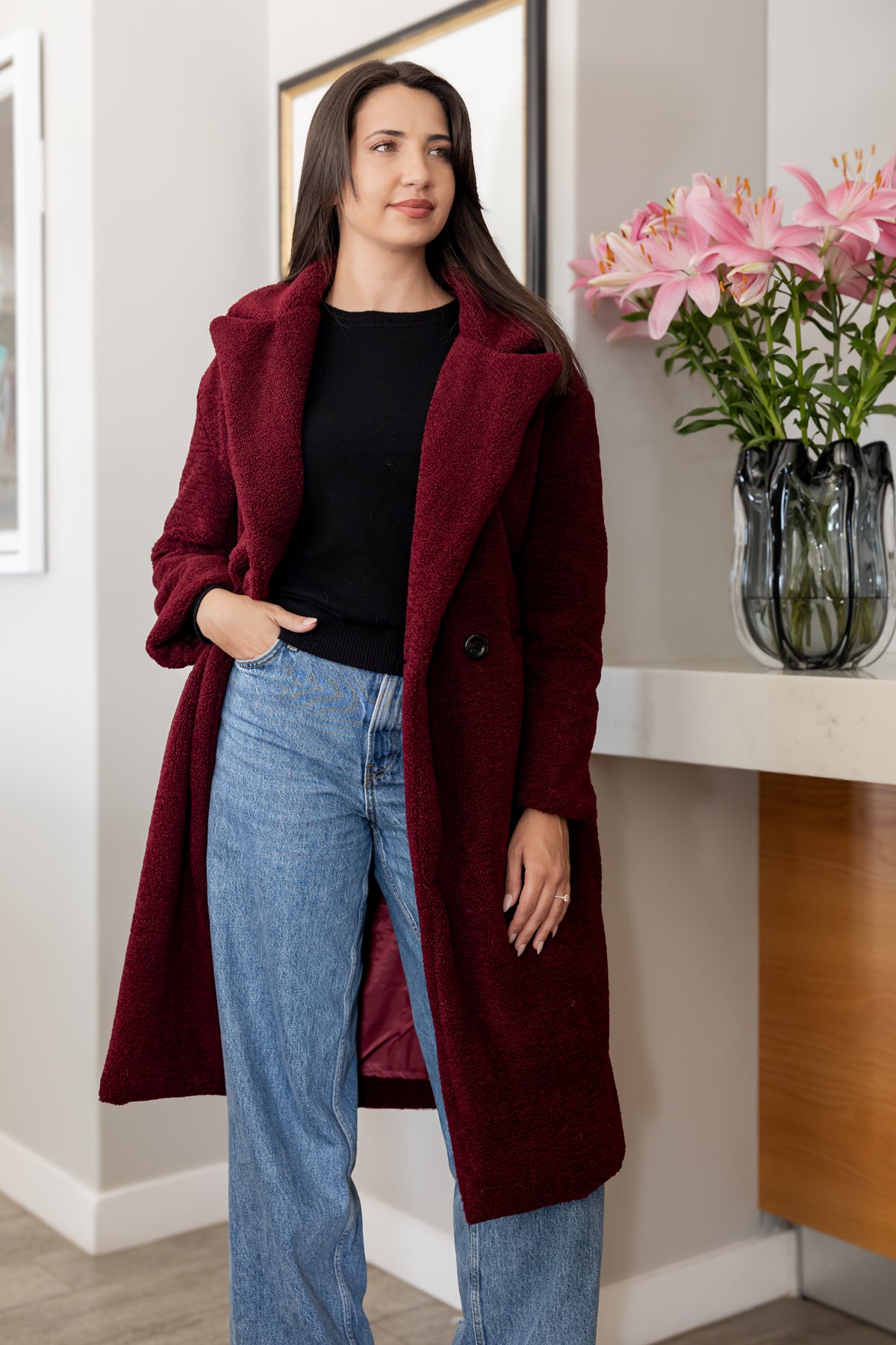 Nouvelle - Teddy Fur Lined Coat, Bordeaux