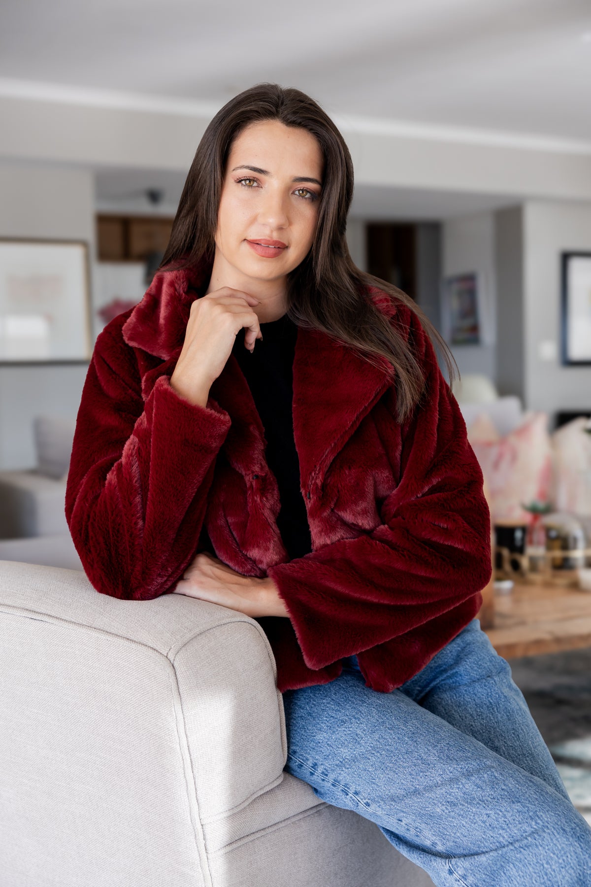 Prato - Short Faux Fur Lined Jacket, Bordeaux