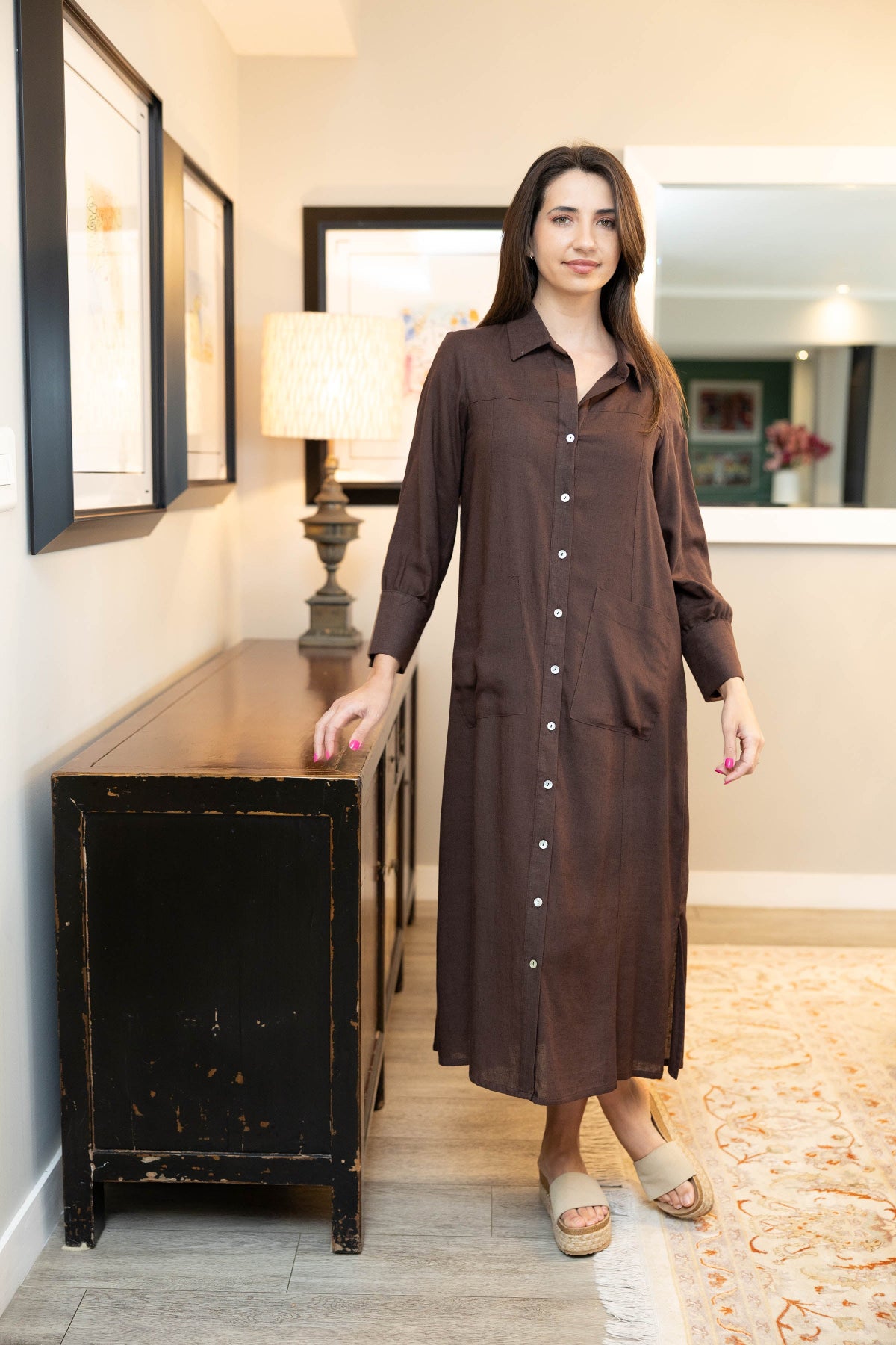 Carmela- Styled Dress With Cuff Detail, Chocolate